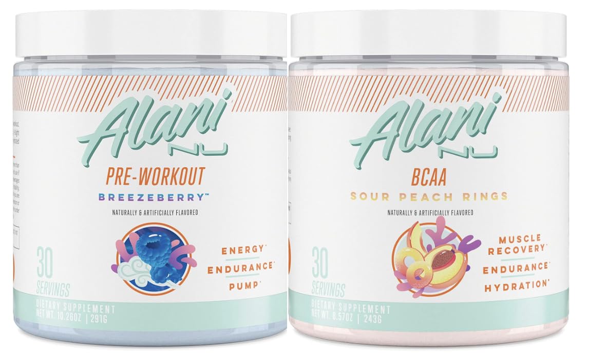 Alani Nu Breezeberry Pre Workout and BCAA Sour Peach Rings Post Workout Powder Alani Nu buy australia supplements