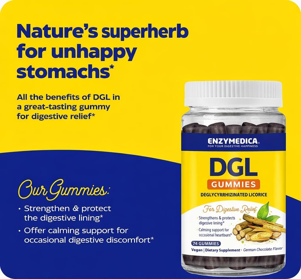 Enzymedica DGL Supplement for Men & Women - DGL Deglycyrrhizinated Licorice Gummies for Digestive Support & Gut Health, Soothes Stomach & Occasional Heartburn, Gluten Free, Vegan, Chocolate - 74 Count Gsupps Australia