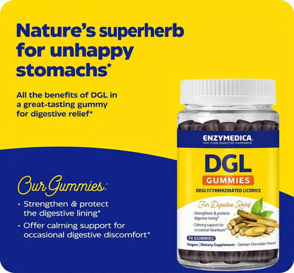 Enzymedica DGL Supplement for Men & Women - DGL Deglycyrrhizinated Licorice Gummies for Digestive Support & Gut Health, Soothes Stomach & Occasional Heartburn, Gluten Free, Vegan, Chocolate - 74 Count Gsupps Australia