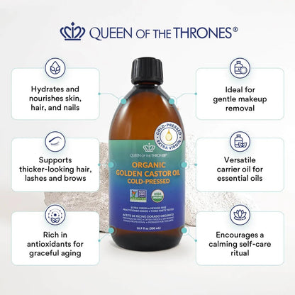 QUEEN OF THE THRONES Organic Golden Castor Oil, 16.9 oz, 500 ml QUEEN OF THE THRONES