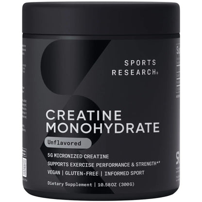 Sports Research Creatine Monohydrate - Gain Lean Muscle, Improve Performance and Strength and Support Workout Recovery - 5 g Micronized Creatine - 10.58 oz Sports Research
