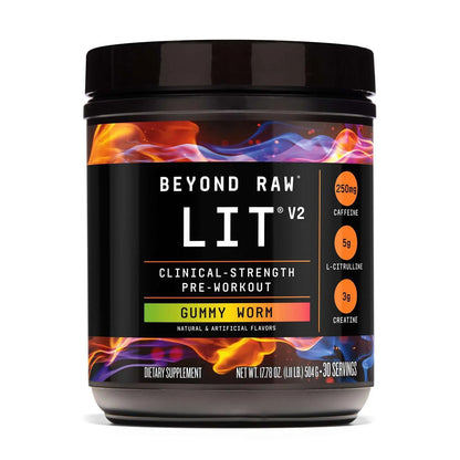 BEYOND RAW LIT V2 Clinical Strength Pre Workout Powder, Hits Harder, Bigger Pumps, Caffeine, L-Citrulline, Creatine, Gummy Worm, 30 Servings BEYOND RAW