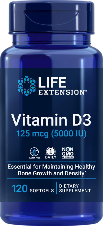 Life Extension Vitamin D3 5000 IU, 120 Softgels, 125mcg Life Extension
