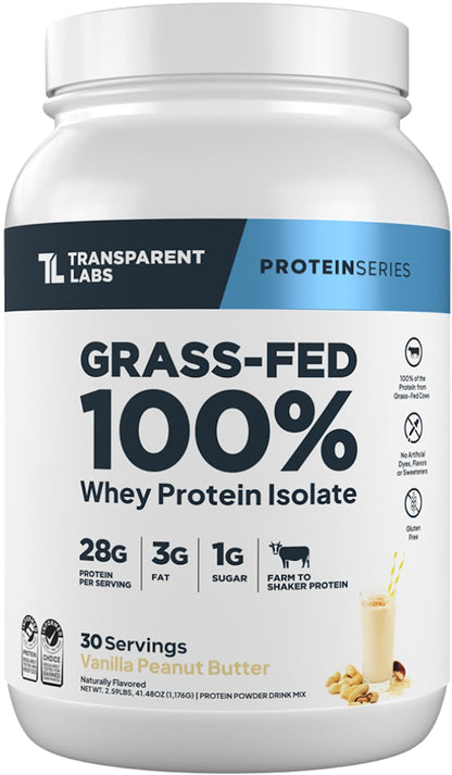 Transparent Labs Grass-Fed Whey Protein Isolate - Naturally Flavored, Gluten Free Whey Protein Powder with 28g of Protein per Serving & 9 Amino Acids - 30 Servings, French Vanilla