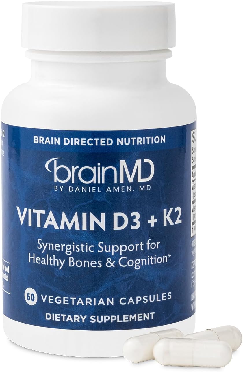 BRAINMD Vitamin D3 + K2, 60 Capsules - Synergistic Support for Healthy Bones & Cognition - Gluten Free - 60 Servings