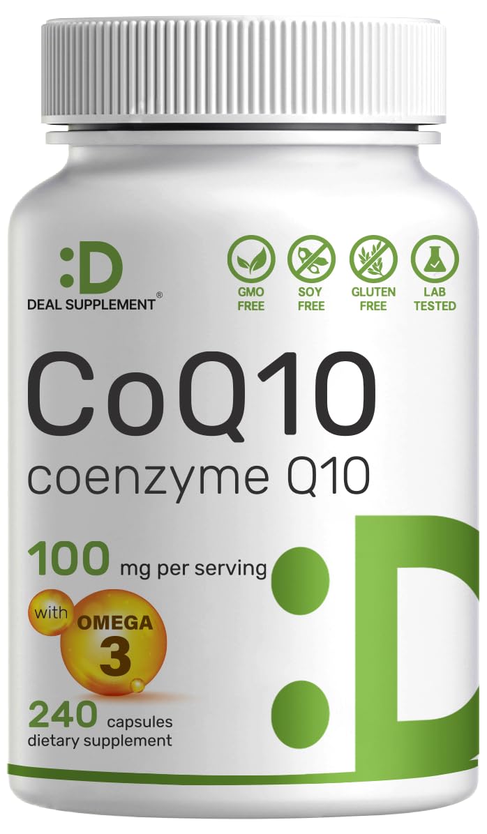 DEAL SUPPLEMENT CoQ10 100mg with Omega 3 100mg, 240 Capsules | Bioavailable Coenzyme Q10 Formula | Non-GMO DEAL SUPPLEMENT