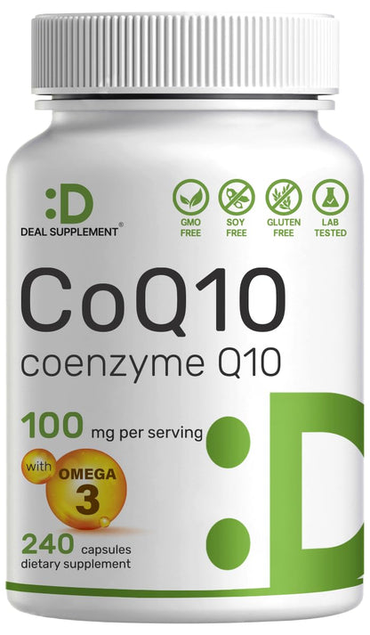 DEAL SUPPLEMENT CoQ10 100mg with Omega 3 100mg, 240 Capsules | Bioavailable Coenzyme Q10 Formula | Non-GMO DEAL SUPPLEMENT