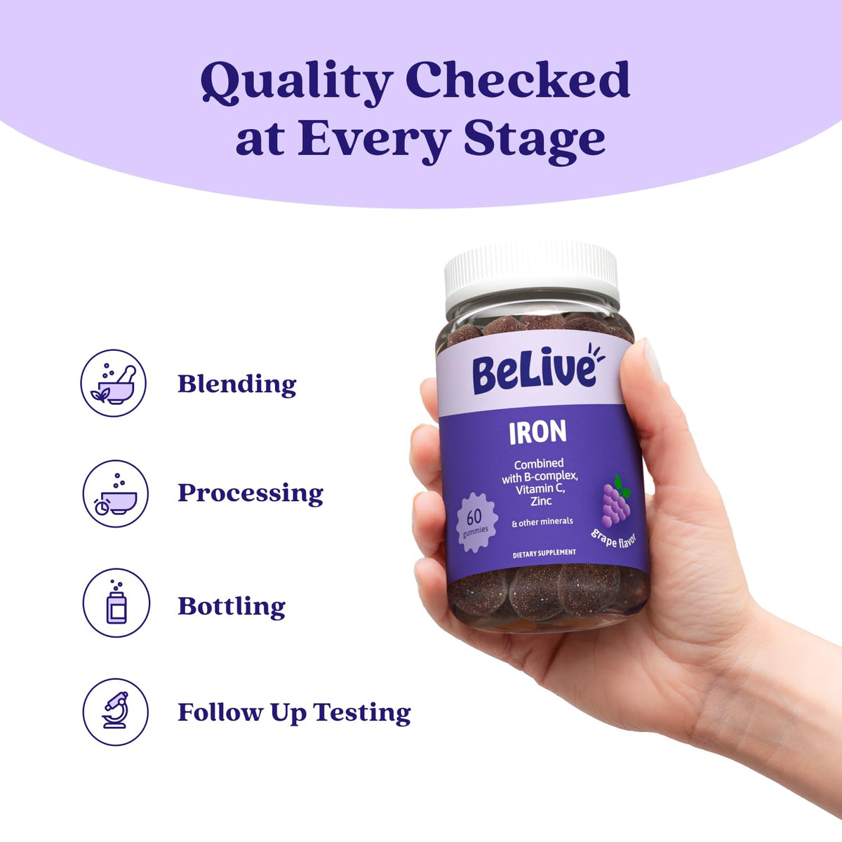 BeLive Iron Gummies - Multivitamin Supplement with Vitamin C, A, B & Zinc, Supports Blood Oxygen, Vegan Iron Supplements for Women, Men & Kids BeLive