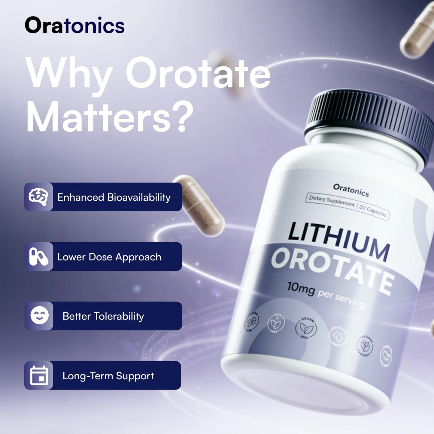 Oratonics Lithium Orotate 10mg – Trace Mineral Lithium Supplement for Daily Balance & Cognitive Clarity – Low-Dose, Highly Absorbable Formula – Vegan ORATONICS