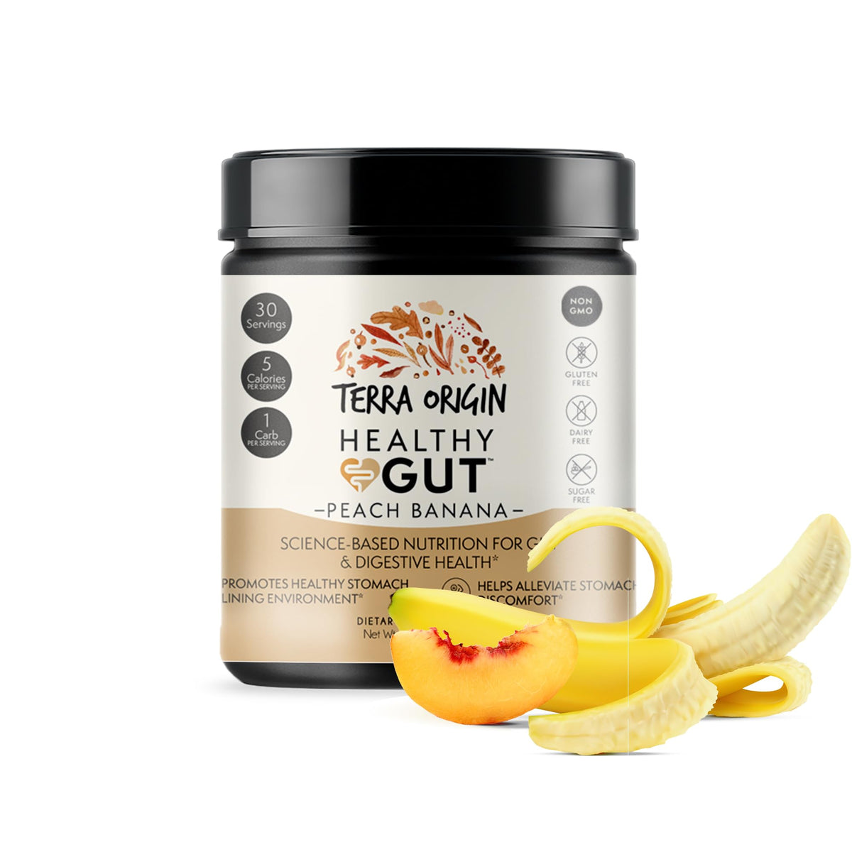 TERRA ORIGIN Healthy Gut Peach Banana | 30-Servings with L-Glutamine, Zinc, Glucosamine, Slippery Elm Bark, Marshmallow Root and More! TERRA ORIGIN