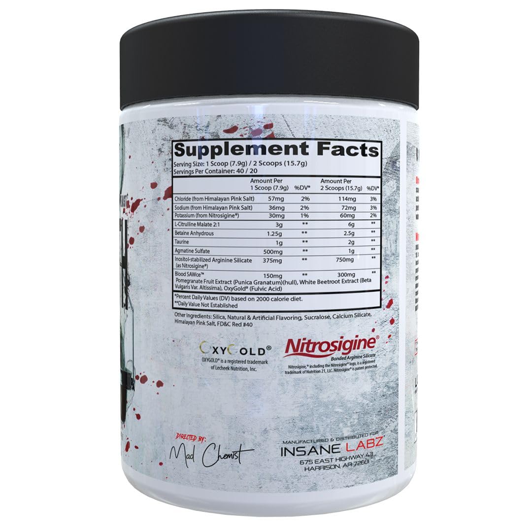 Insane Labz Saw® Bloodbath, Non-Stim Pump Pre Workout Powder with Nitrosigine®, OxyGold™, Agmatine Sulfate, L-Citrulline and Betainne Anhydrous, 40 Srvgs (Grape)