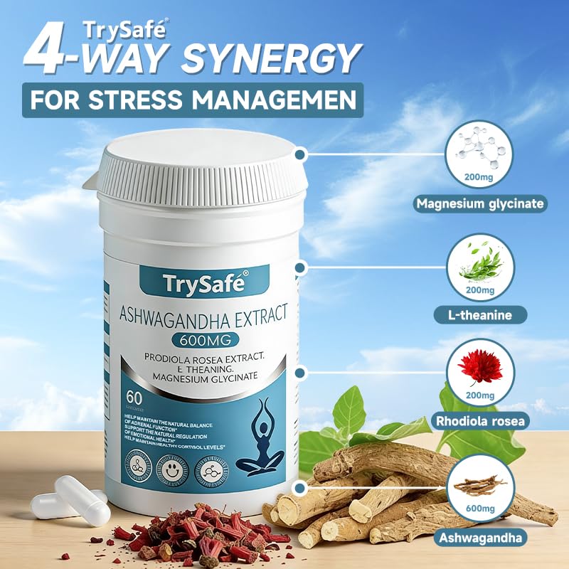 TrySafe 1100MG Cortisol Supplements for Women and Man with 600MG Ashwagandha, 200MG Rhodiola Rosea, 200MG L-Theanine, 100MG Magnesium Glycinate | for Healthy Stress Response*, Mood* TrySafe buy australia supplements