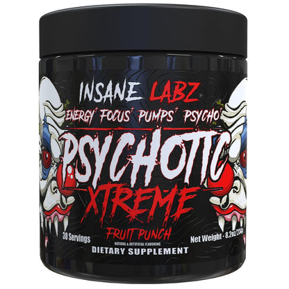Insane Labz Psychotic Xtreme, High Stimulant Pre Workout Powder, Extreme Lasting Energy, Focus and Endurance with Beta Alanine, Panax Ginseng, Theobromine, DMAE (30 Servings, Fruit Punch)