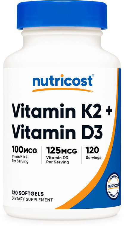 Nutricost Vitamin D3 + K2 (5000 IU D3 / 100mcg MK7), 120 Softgels – Gluten-Free & Non-GMO Nutricost