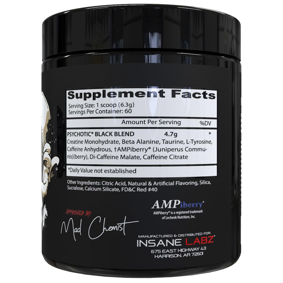 Insane Labz Psychotic Black Edition Mid Stimulant Pre Workout Powder, Energy Focus Pumps, Loaded with Creatine Beta Alanine Taurine Fueled by AMPiberry, 35 Servings (Blue Raspberry)