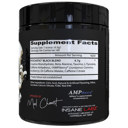 Insane Labz Psychotic Black Edition Mid Stimulant Pre Workout Powder, Energy Focus Pumps, Loaded with Creatine Beta Alanine Taurine Fueled by AMPiberry, 35 Servings (Blue Raspberry)