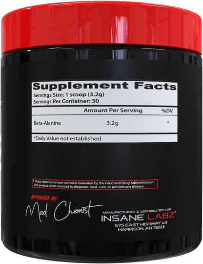 Insane Labz Pure Beta Alanine Powder, 3200mg Serving, 30 Servings