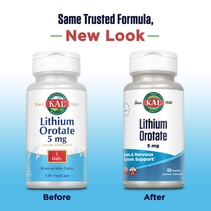 KAL Lithium Orotate 5 milligrams | Low Serving Of Chelated Lithium Orotate For Bioavailability and Mood Support | In Organic Rice Bran Extract Base | 120 VegCaps KAL