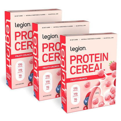 Legion Protein Cereal with 17g Milk Protein – Naturally Sweetened, High-Fiber Breakfast Cereal – Gluten-Free, Soy-Free, Lab-Tested for Purity – Variety 3 Pack for Adults & Athletes