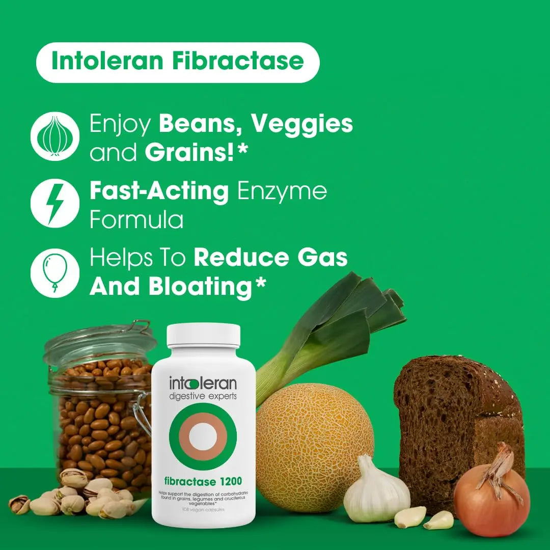 Intoleran Fibractase 1200 Digestive Enzymes - 108 Capsules | Supplement for Fructans & Galactans Intolerance | Helps Digest Carbohydrates; Grains, Legumes Intoleran