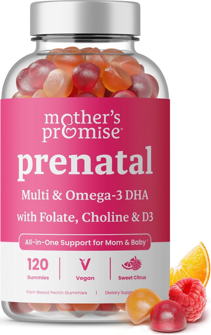 Prenatal Vitamin Gummies with DHA | Vegan Prenatal Vitamins for Women with Omega 3, Methylfolate, Choline & D3, Pregnancy Vitamins for Fetal Development Mother's Promise
