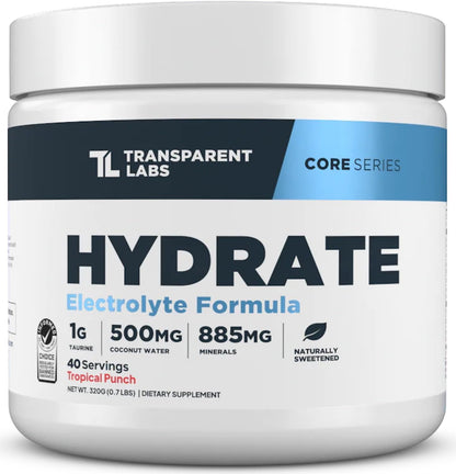 Transparent Labs Bulk Pre Workout Powder for Muscle Building & Strength 30 Servings, Blue Raspberry & Hydrate Electrolytes Powder with Coconut Water, Taurine, & Potassium 40 Servings, Tropical Punch
