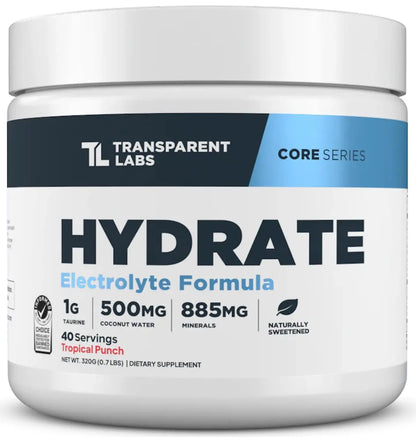 Transparent Labs Hydrate Naturally Sweetened Electrolytes Powder - Hydration Powder Electrolytes with Coconut Water, Calcium, Taurine, & Potassium Transparent Labs