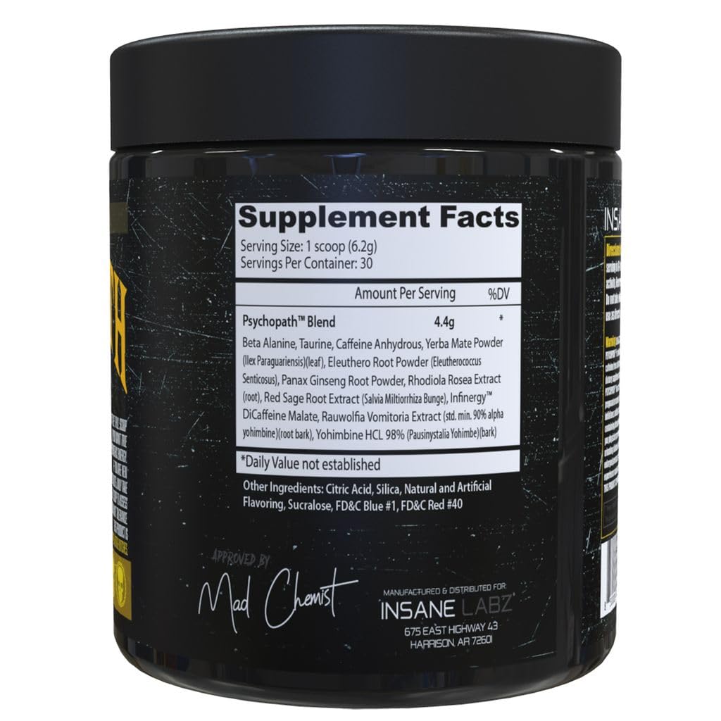 Psychopath, High Stimulant, Insane Energy, Focus and Endurance Preworkout Powder with Panax Ginseng, Rhodiola, Red Sage Root & Rauwolfia (30, Blue Raspberry)