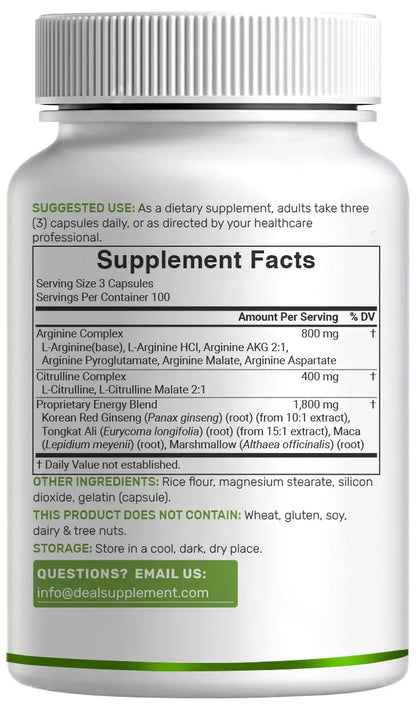 Nitric Oxide Supplement 3,000mg, 300 Capsules | 12-in-1 Complex for Men & Women – Arginine, Citrulline, Korean Red Ginseng, DEAL SUPPLEMENT