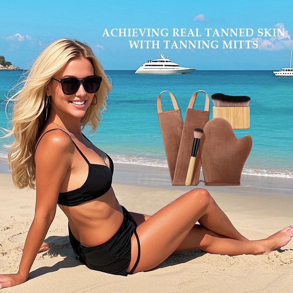 4 in 1 Luxury Velvet Tanning Mitt, Self Tanner Brush, Back Tan Applicator ANSPHIE