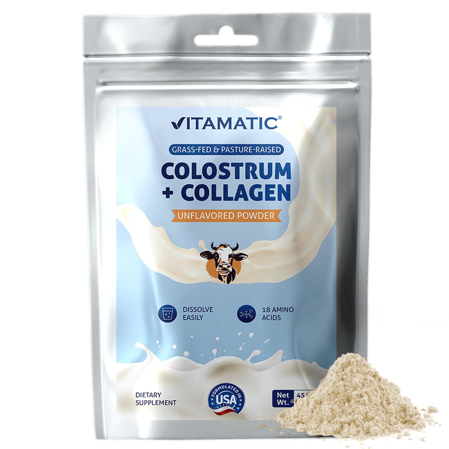 Vitamatic Bovine Colostrum + Collagen Powder - Supplement for Gut Health, Hair Growth, Beauty, Muscle Recovery, & Immune Support - Easy to Mix - Unflavored - 454 Gram, (16 oz) Vitamatic buy australia supplements