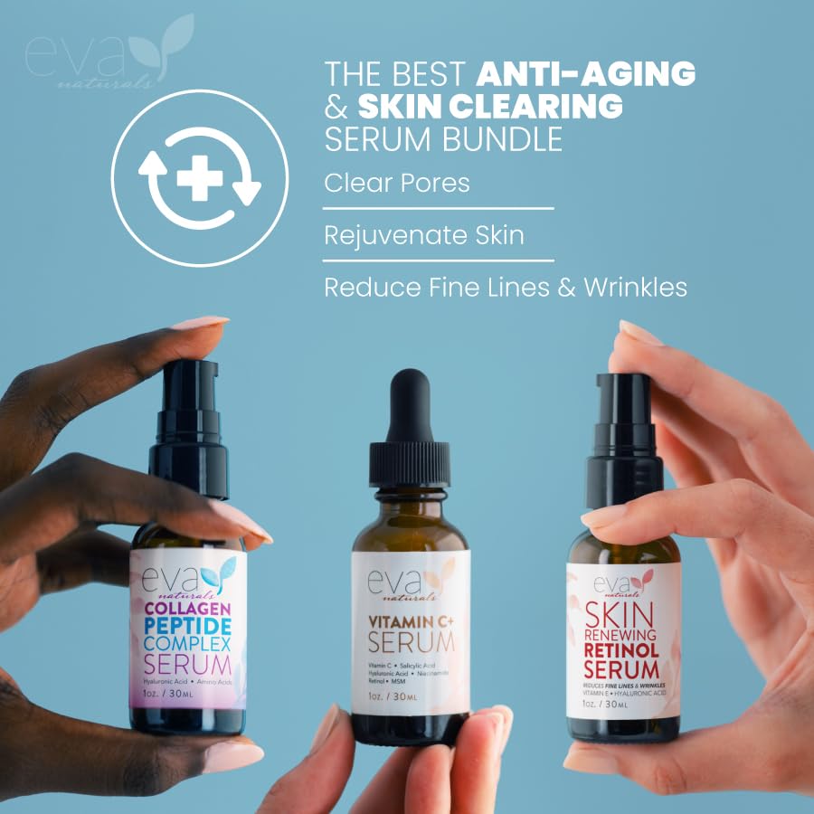 Eva Naturals Trifecta Face Serum Set – Retinol, Vitamin C & Peptides with Hyaluronic Acid & Niacinamide – Anti-Aging Skincare Bundle for Women Eva Naturals
