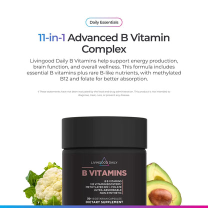 Livingood Daily Vitamin B Complex Capsules for Men and Women, Methylated B12 & Folate, 11 Active Forms Including B1 B2 B3 B5 B6 & Biotin, Gluten Free Livingood Daily