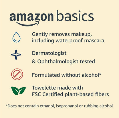 Amazon Basics Makeup Remover Wipes, Night Calming, Gentle Cleansing, Plant Based, Alcohol-Free, Removes Waterproof Mascara, Dermatologist Tested, 25 Count, 1-Pack Amazon Basics