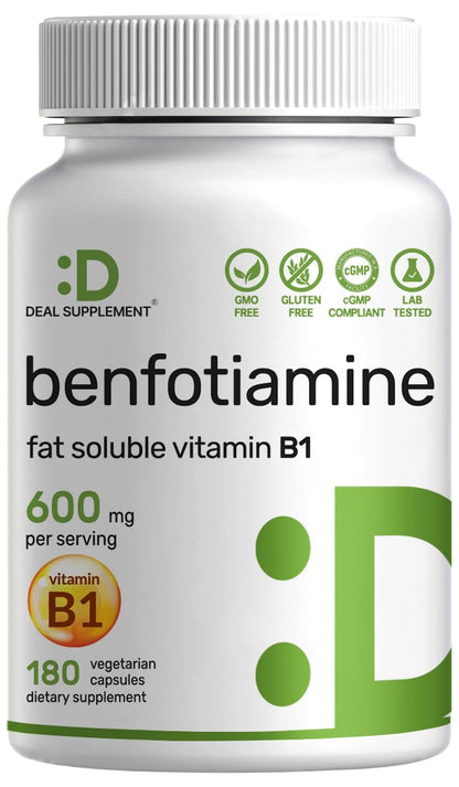 Benfotiamine 600mg Per Serving, 180 Veggie Capsules (300mg Per Cap) – Fat Soluble Vitamin B1 Thiamine Supplement DEAL SUPPLEMENT