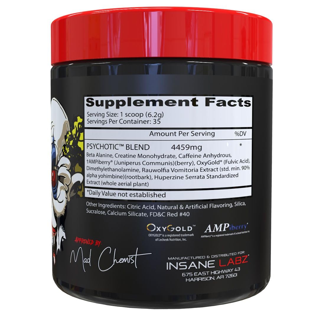 Insane Labz Psychotic, High Stimulant Pre Workout Powder, Extreme Lasting Energy, Focus and Endurance with Beta Alanine, Creatine Monohydrate DMAE, 35 Srvgs (Fruit Punch)