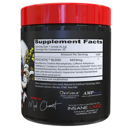 Insane Labz Psychotic, High Stimulant Pre Workout Powder, Extreme Lasting Energy, Focus and Endurance with Beta Alanine, Creatine Monohydrate DMAE, 35 Srvgs (Fruit Punch)