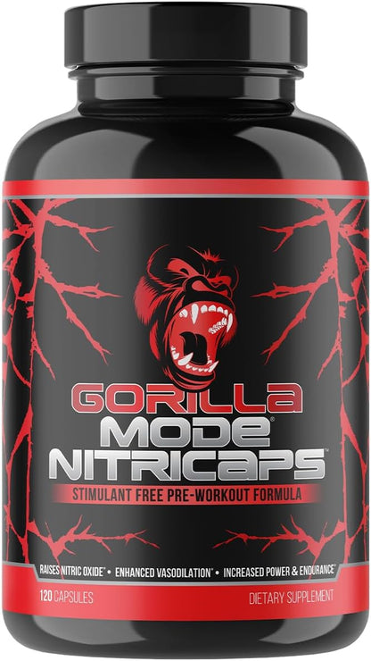Gorilla Mode® Nitricaps™ - Stimulant Free Pre-Workout Capsules - Massive Pumps · Vasodilation · Performance - Nitrosigine®, Agmatine Sulfate, VasoDrive-AP®, Electrolytes / 120 Capsules