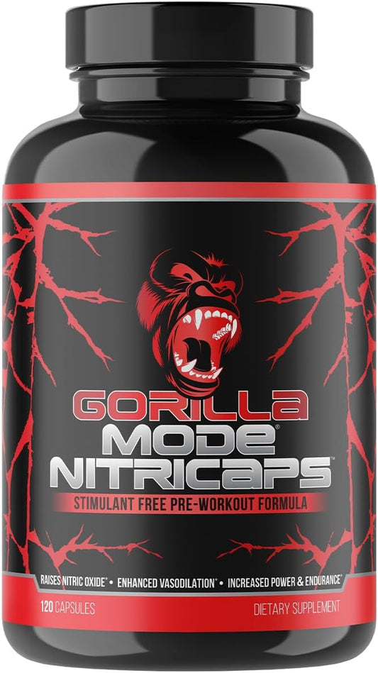 Gorilla Mode® Nitricaps™ - Stimulant Free Pre-Workout Capsules - Massive Pumps · Vasodilation · Performance - Nitrosigine®, Agmatine Sulfate, VasoDrive-AP®, Electrolytes / 120 Capsules