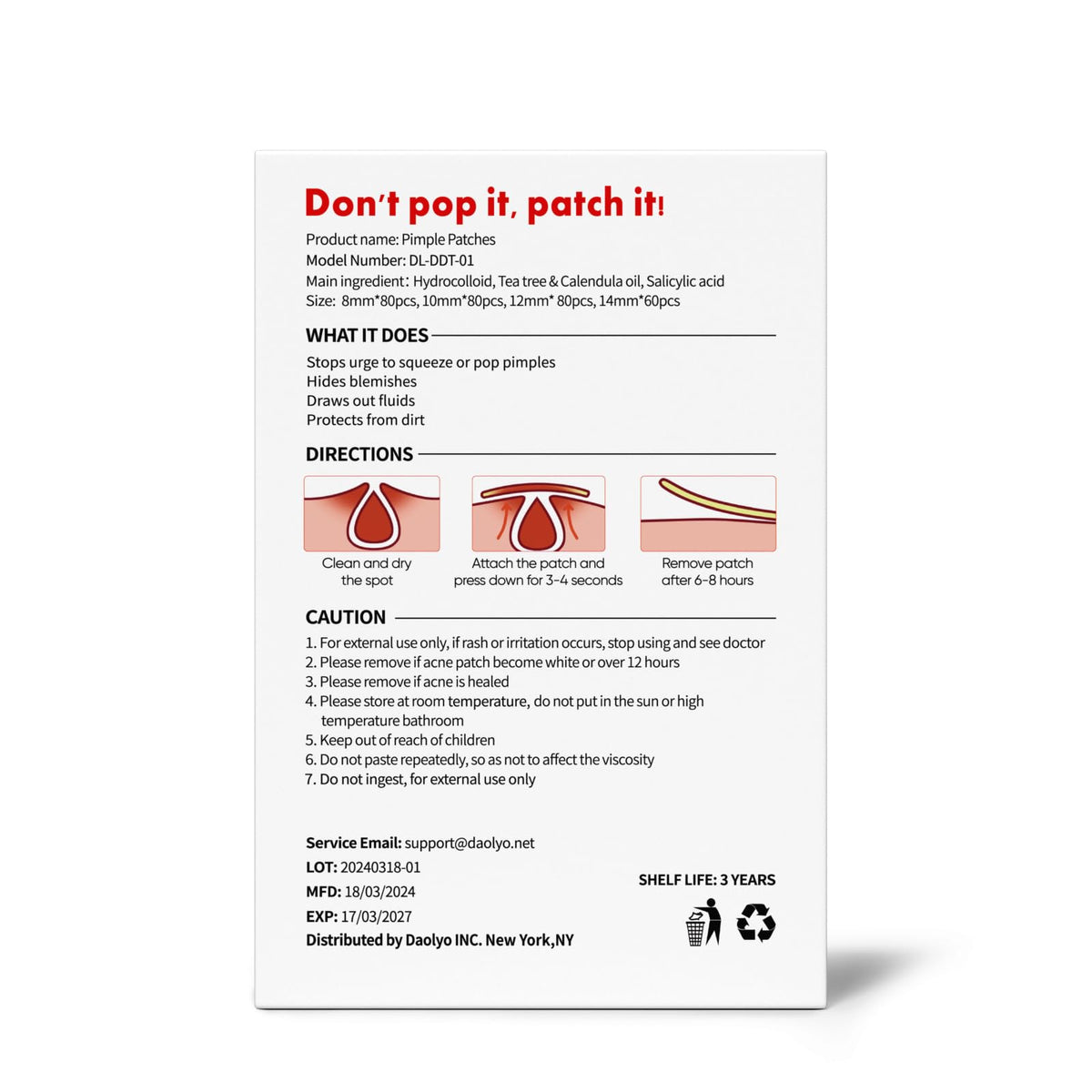 Daolyo Pimple Patches for Face, 4 Size 300 Counts Hydrocolloid Acne Patches Daolyo