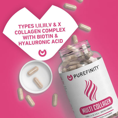 PUREFINITY Collagen Peptides for Women – Type I, II, III, V & X with Biotin & Hyaluronic Acid, Supports Healthy Skin, Bones, Hair & Nails – Non-GMO, Grass-Fed (90 Capsules, 1 Month Supply)