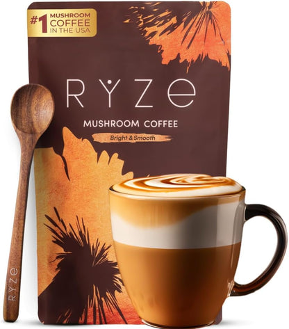 RYZE SUPERFOODS Mushroom Medium Roast Coffee USDA Organic with 6 Adaptogenic Mushrooms, USA Grown Instant Coffee for Better Energy RYZE SUPERFOODS