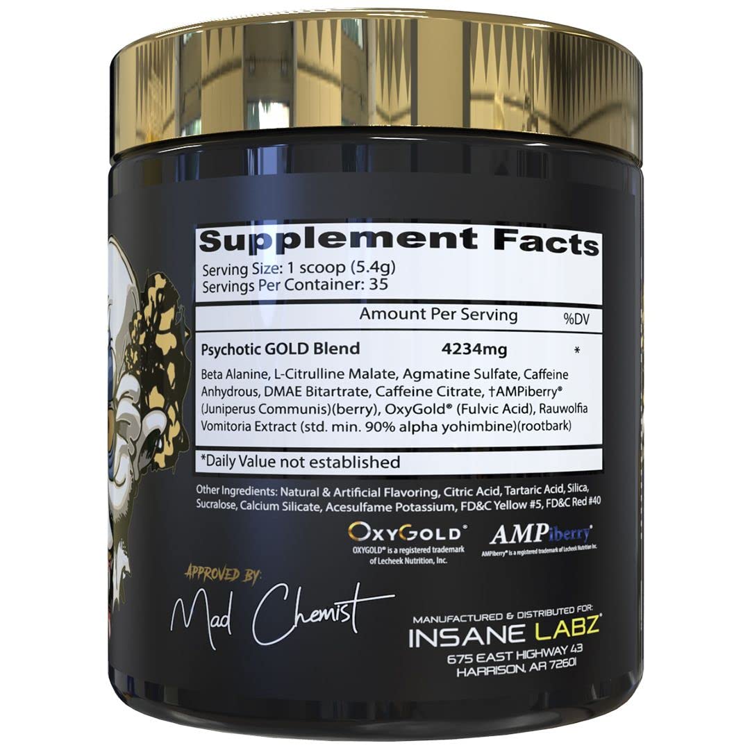 Insane Labz Psychotic Gold, High Stimulant Pre Workout Powder, Extreme Lasting Energy Focus, Pumps and Endurance with Beta Alanine, DMAE Bitartrate, NO Booster (35 Servings, Watermelon)