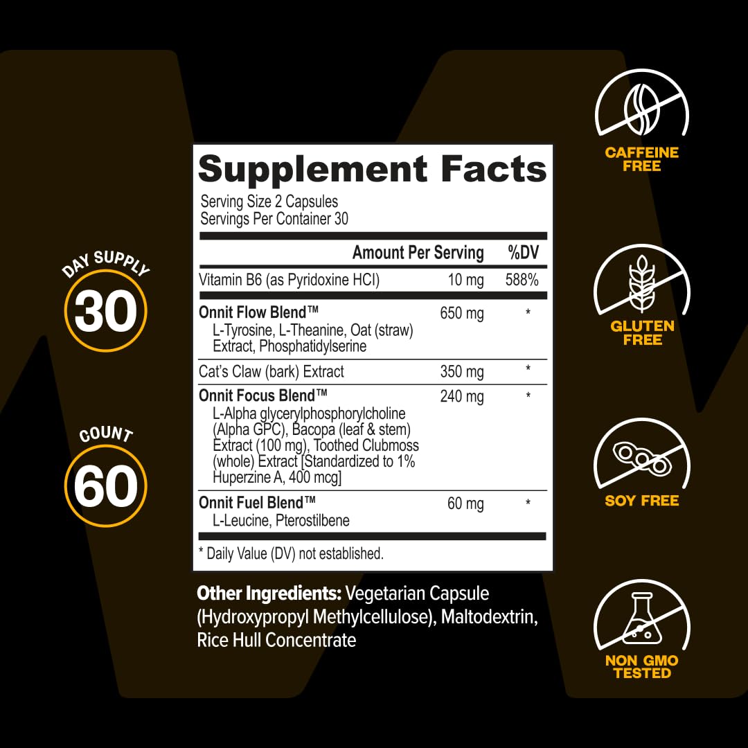 ONNIT Alpha Brain Nootropic Brain Supplement for Focus, Memory, Mental Clarity, Cognitive Support with L-Theanine and Vitamin B6, 90 Count