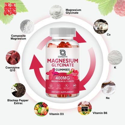 Magnesium Glycinate Gummies 400 mg with 100 mg Composite magnesium - Chelated Magnesium Potassium Supplement with Vitamin D, B6 Supports Calm, Sleep, Memory & Muscle GONGOTA