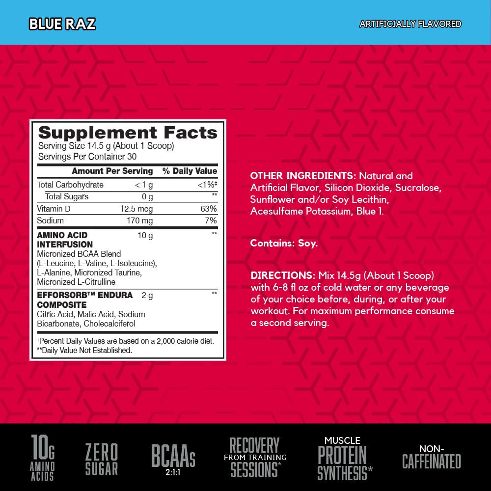 BSN Amino X Muscle Recovery & Endurance Powder with BCAAs, 10 Grams of Amino Acids, Keto Friendly, Caffeine-Free, Support Endurance, Zero Sugar, Blue Raz, BSN