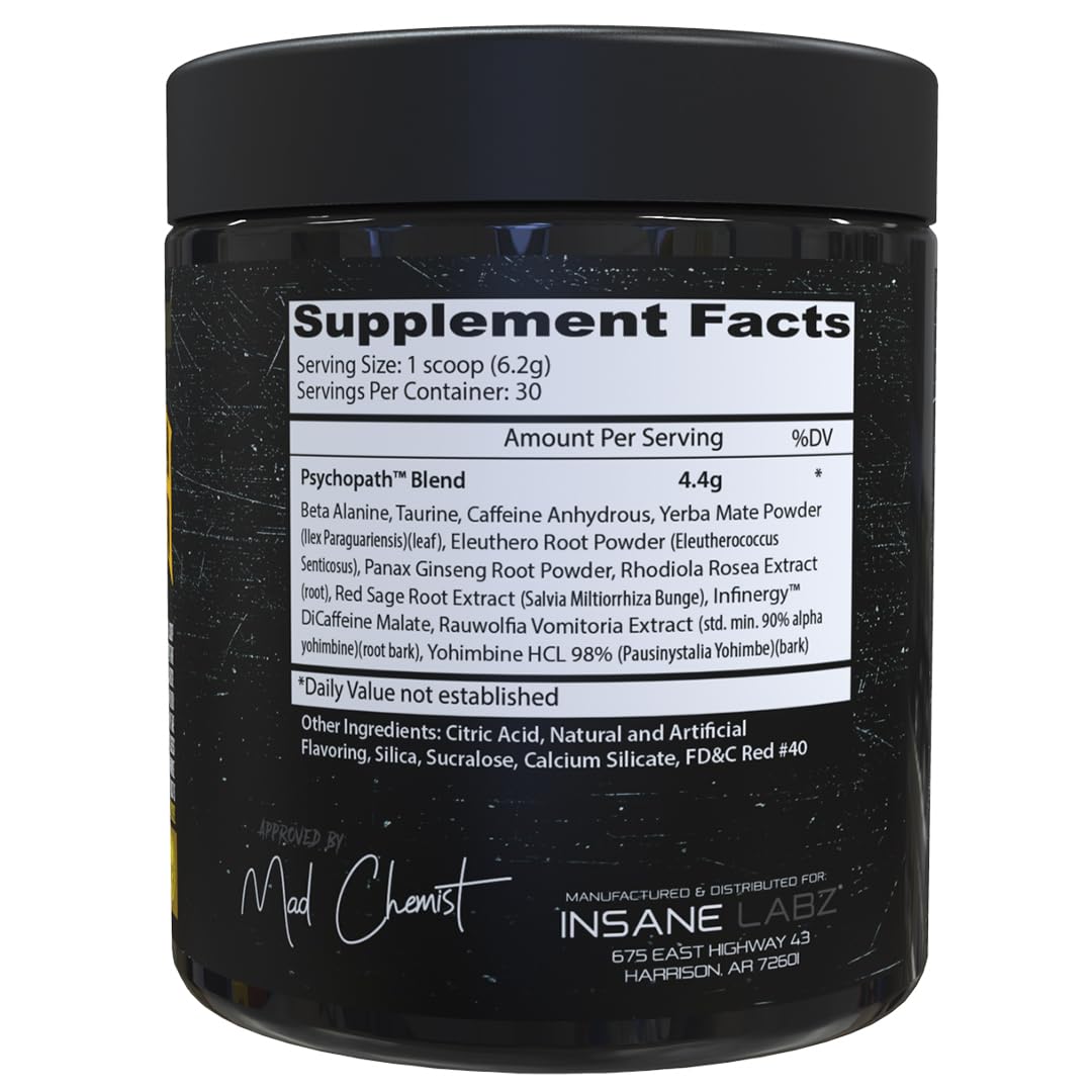 Psychopath, High Stimulant, Insane Energy, Focus and Endurance Preworkout Powder with Panax Ginseng, Rhodiola, Red Sage Root & Rauwolfia (30, Blue Raspberry)