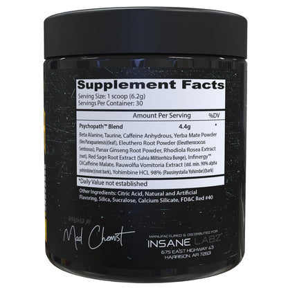 Psychopath, High Stimulant, Insane Energy, Focus and Endurance Preworkout Powder with Panax Ginseng, Rhodiola, Red Sage Root & Rauwolfia (30, Blue Raspberry)