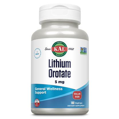 KAL Lithium Orotate 5mg, Low Dose Lithium Supplement for General Wellness Mood Support, Highly Bioavailable, Vegan, 60-Day Guarantee, KAL