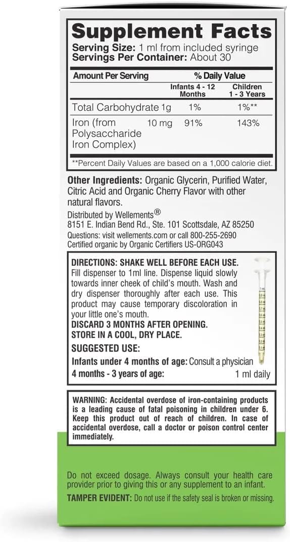 Wellements Organic Iron Drops for Newborn+ Babies (1 Fl Oz) - Cherry Flavor Liquid Iron Supplement for Infants - Toddler Iron Supplement for Kids (4months+ to 3 Years) Wellements